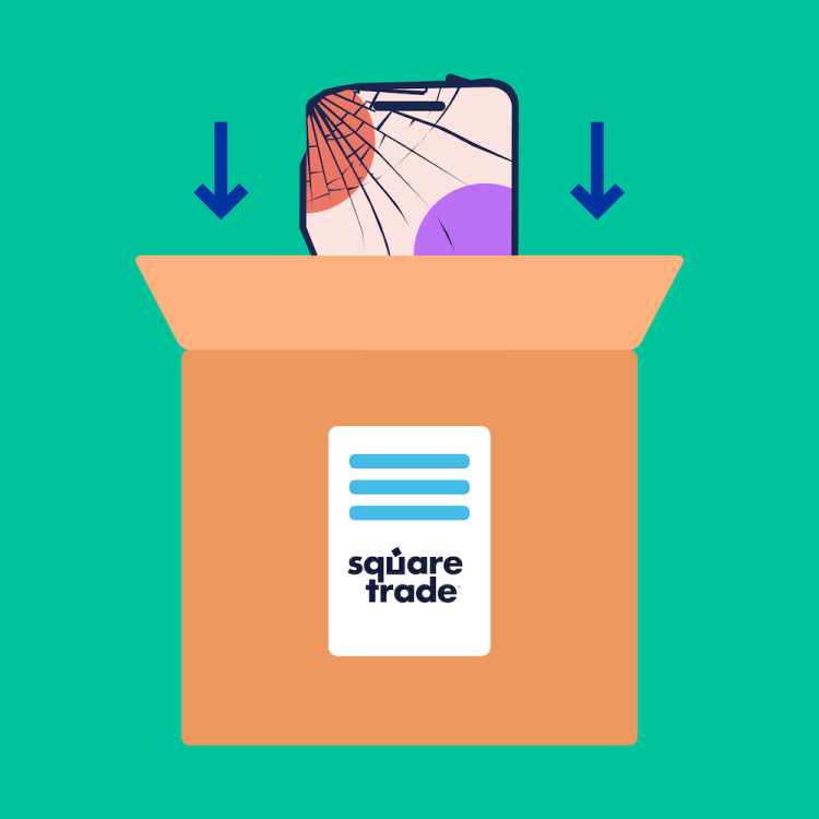 Ein kaputtes Handy wird in ein versandfertiges Paket gelegt